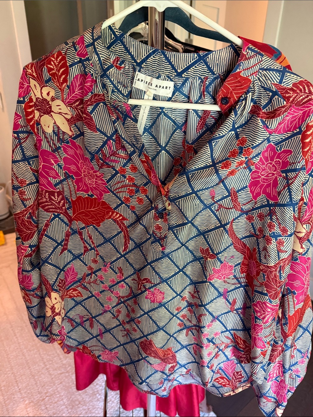 A.P.C. Floral Lattice V-Neck Blouse — Blue, Pink & Red